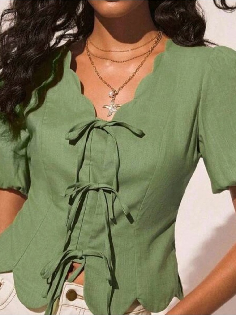 SHEIN Olive Green Scalloped Tie-Front Blouse